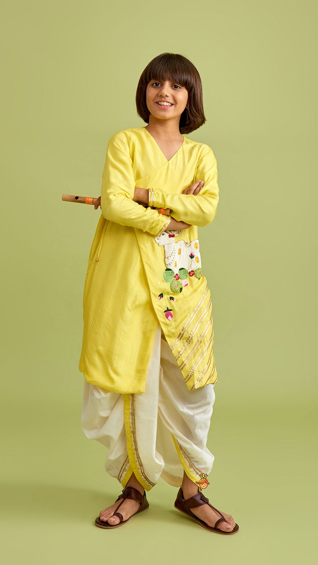 Animal Embroidered Angarkha Style Yellow Kurta With Lace Work Dhoti