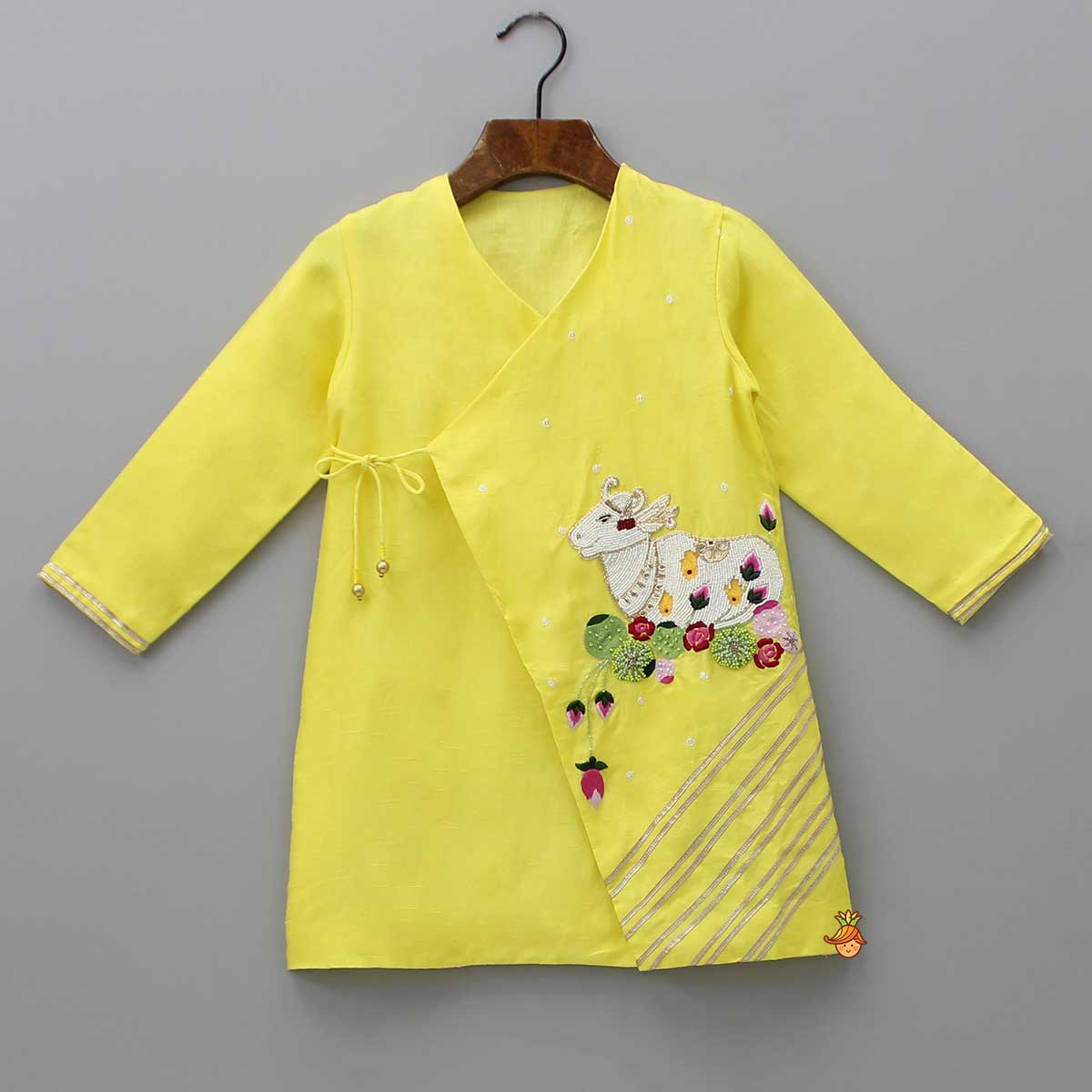 Animal Embroidered Angarkha Style Yellow Kurta With Lace Work Dhoti