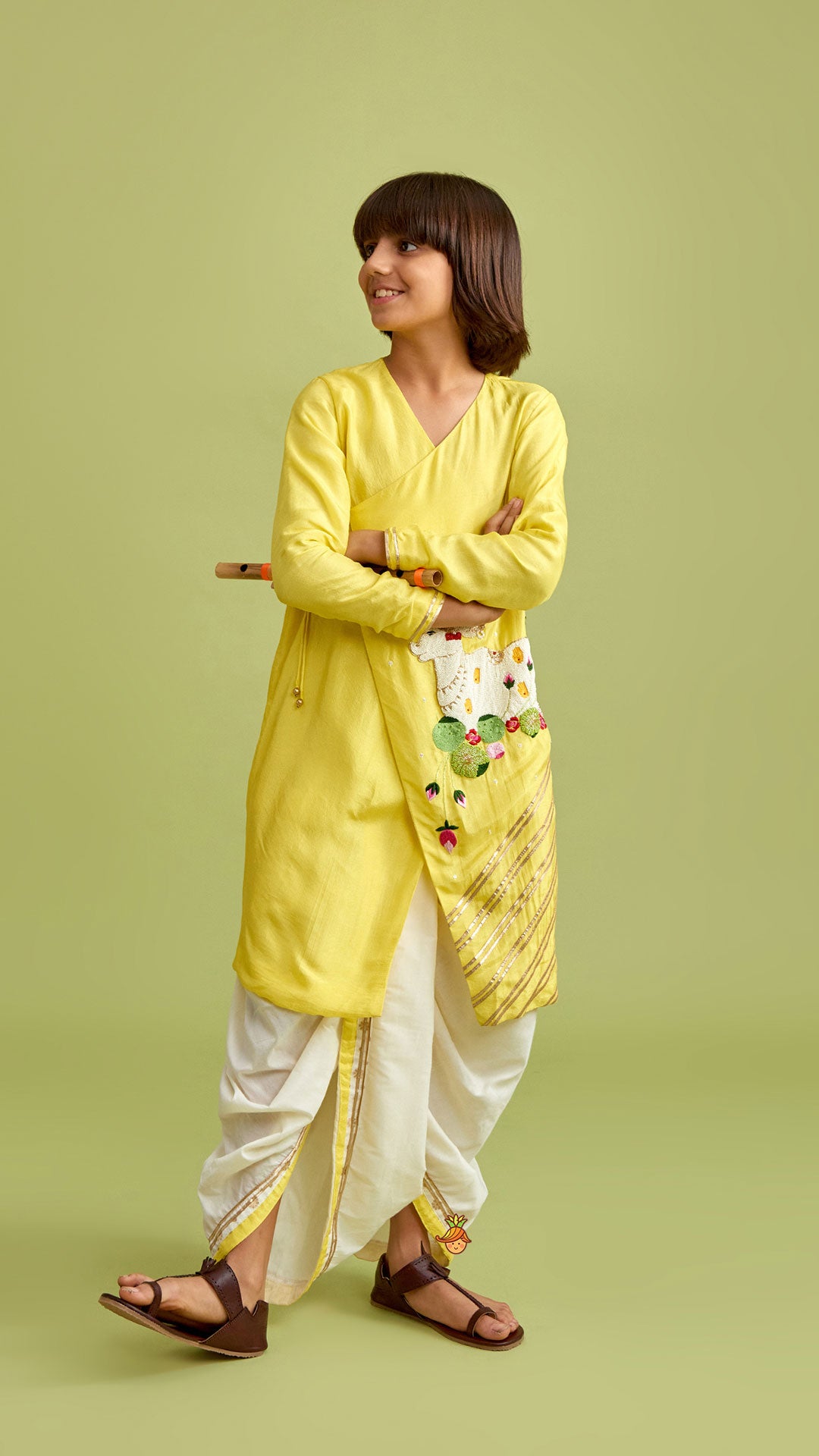 Animal Embroidered Angarkha Style Yellow Kurta With Lace Work Dhoti