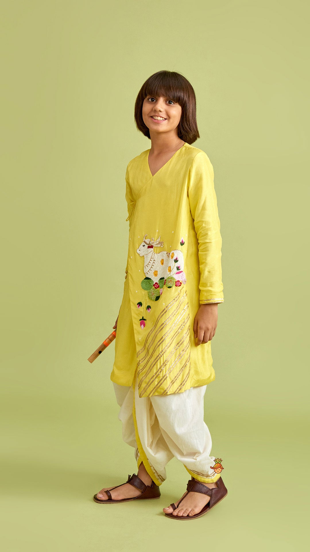 Animal Embroidered Angarkha Style Yellow Kurta With Lace Work Dhoti