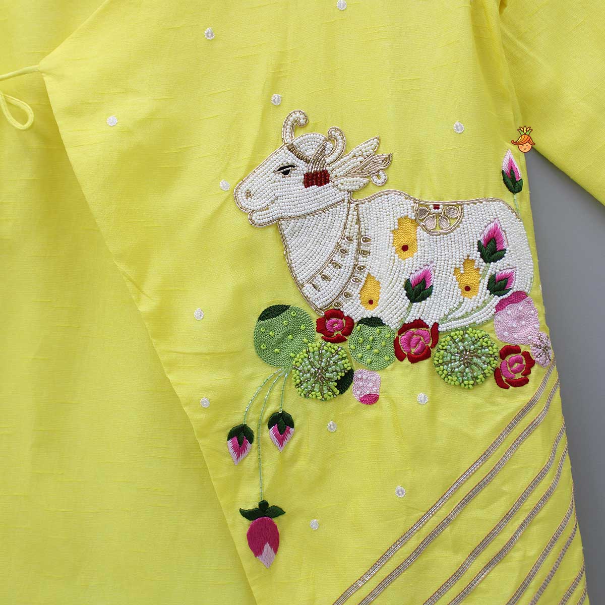 Animal Embroidered Angarkha Style Yellow Kurta With Lace Work Dhoti