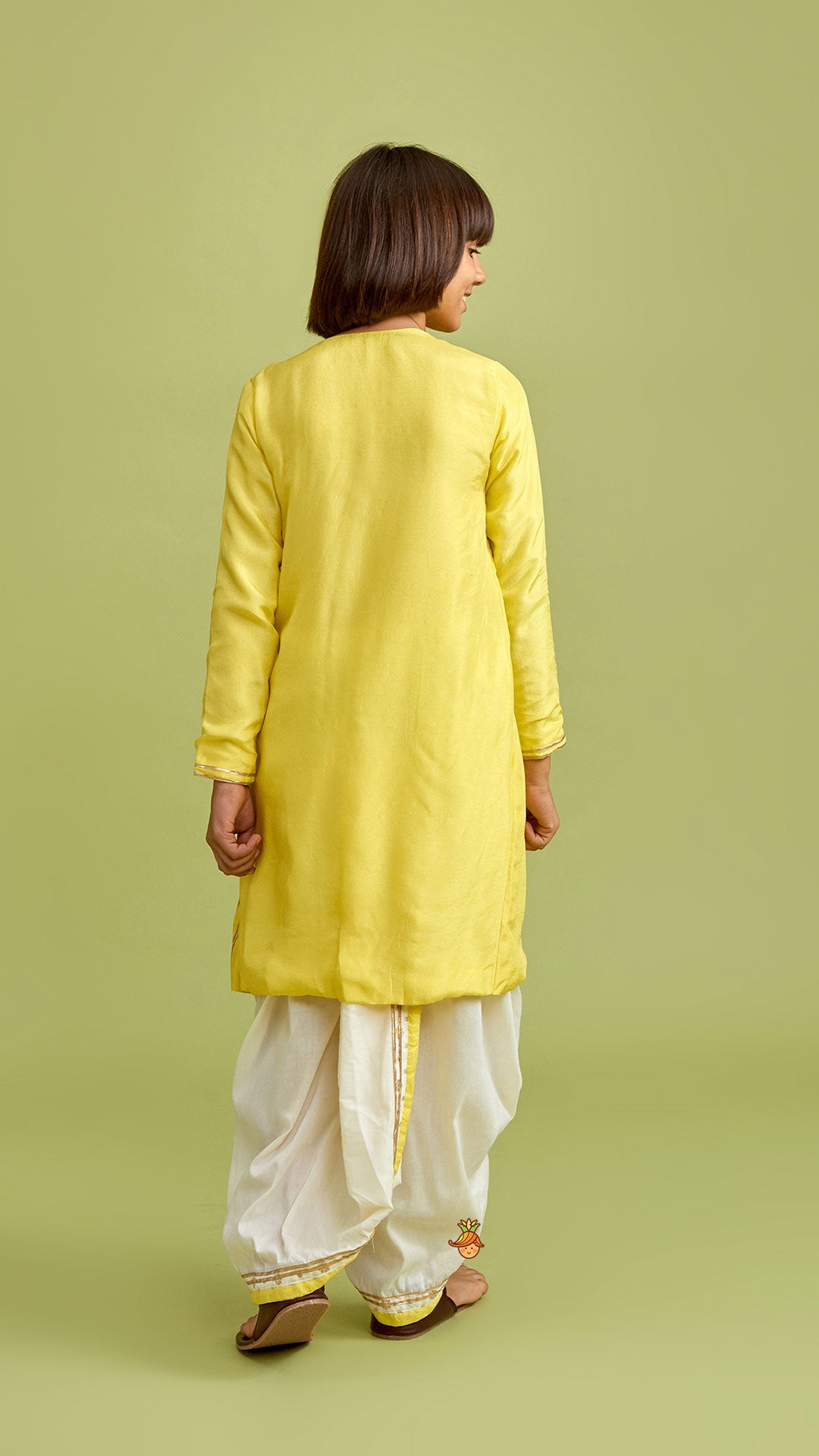 Animal Embroidered Angarkha Style Yellow Kurta With Lace Work Dhoti