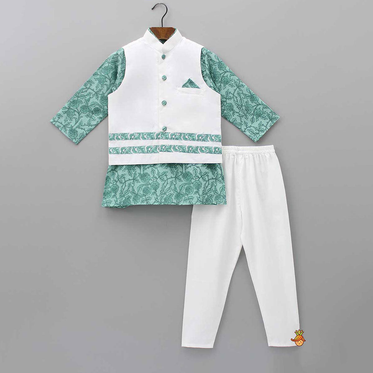 Printed Green Kurta With Pocket Square Jacket And Churidar