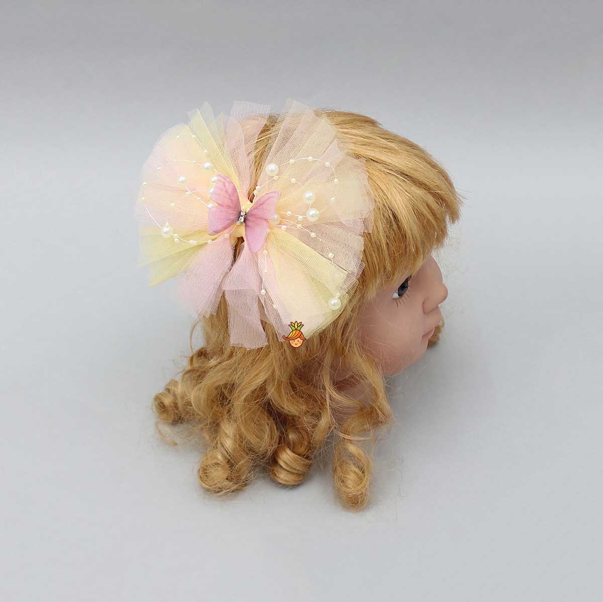 Butterfly Adorned Yellow And Pink Two Tone Frilly Hair Clip