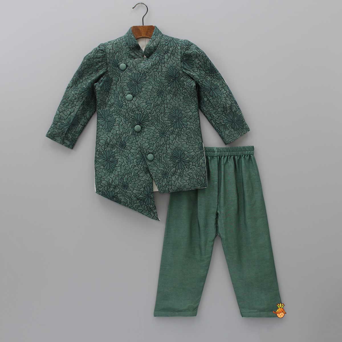 Green Heavy Thread Embroidered Asymmetric Sherwani And Pyjama