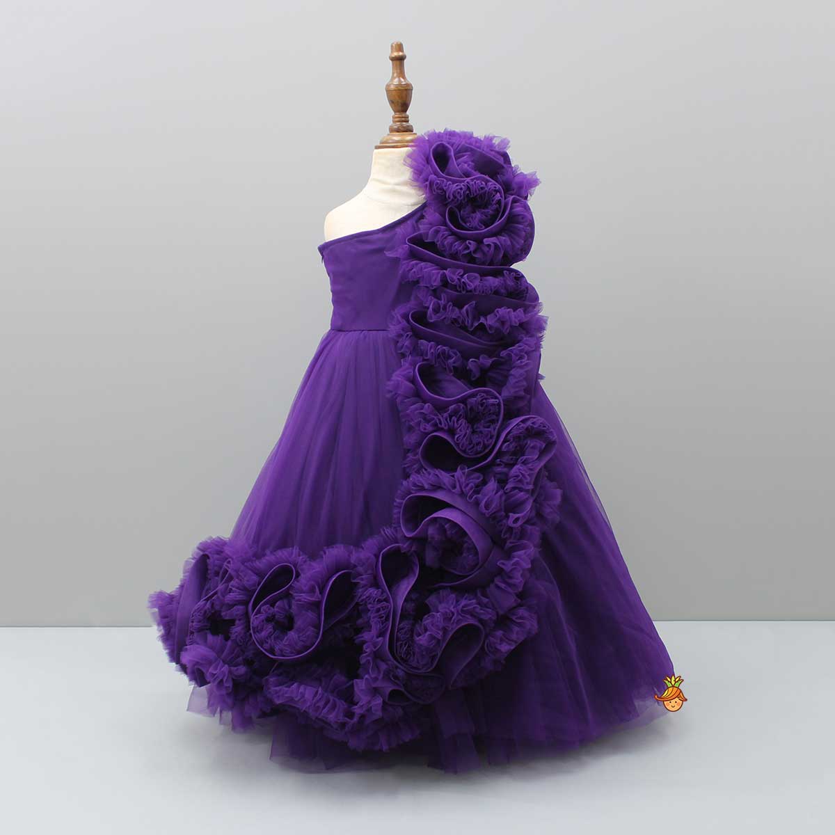 Purple One Shoulder Ruffle Net Gown