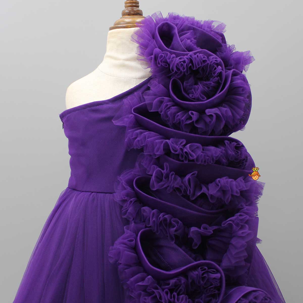 Purple One Shoulder Ruffle Net Gown