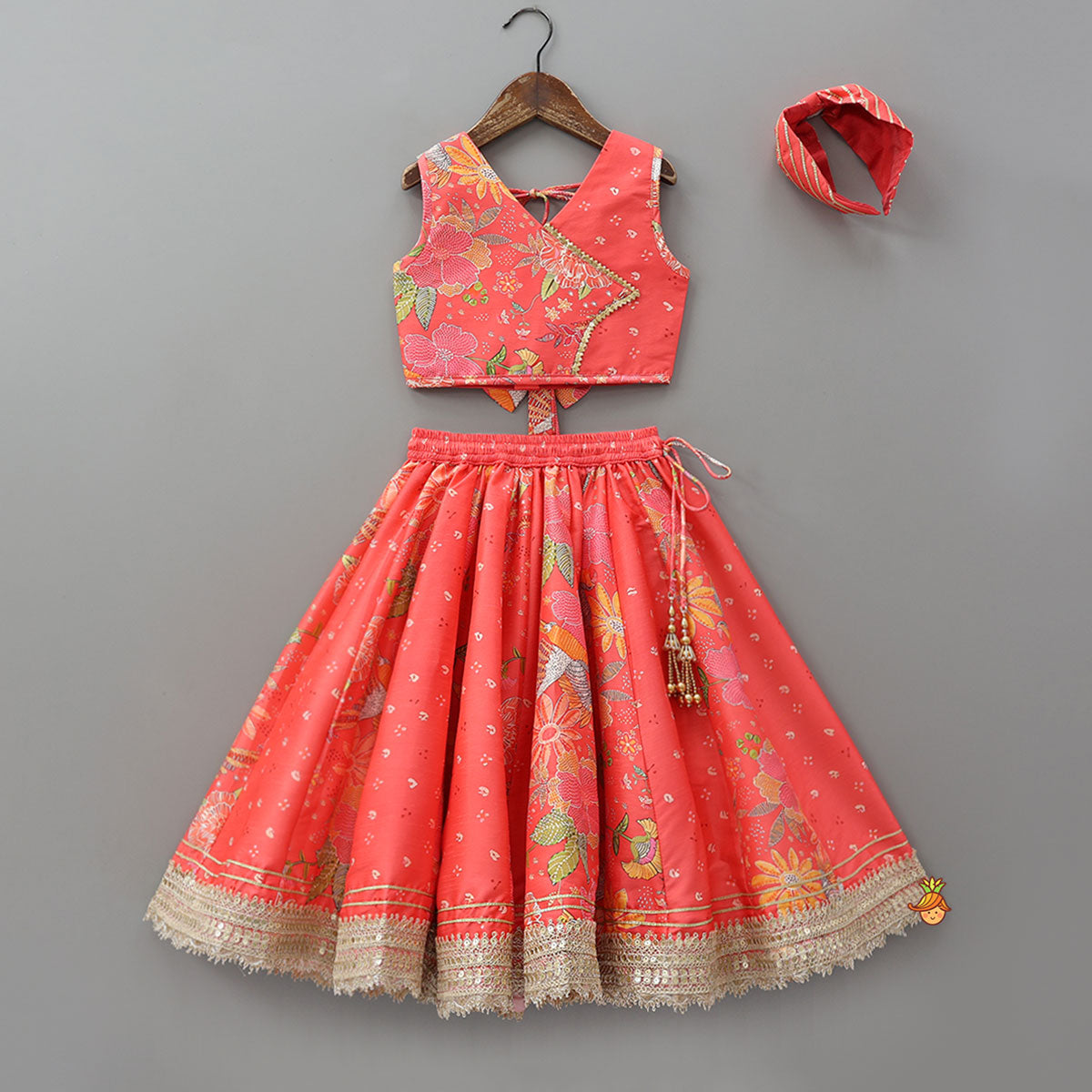 V Neck Top And Printed Lehenga With Hair Band