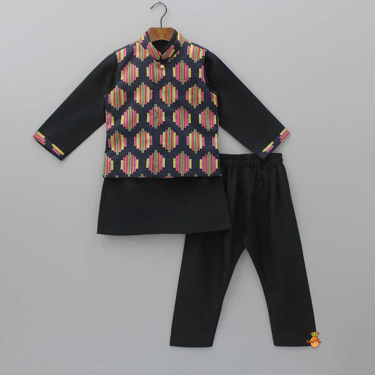 Black Kurta With Multicolour Printed Jacket And Pyjama