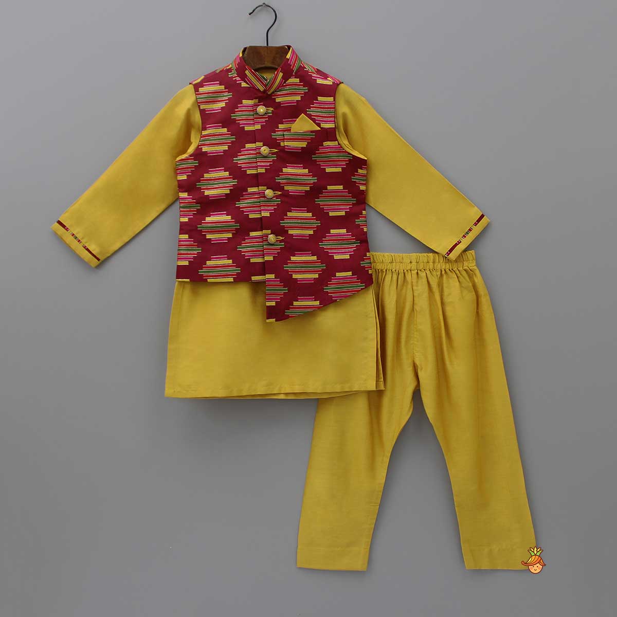 Yellow Kurta With Multicolour Printed Jacket And Pyjama