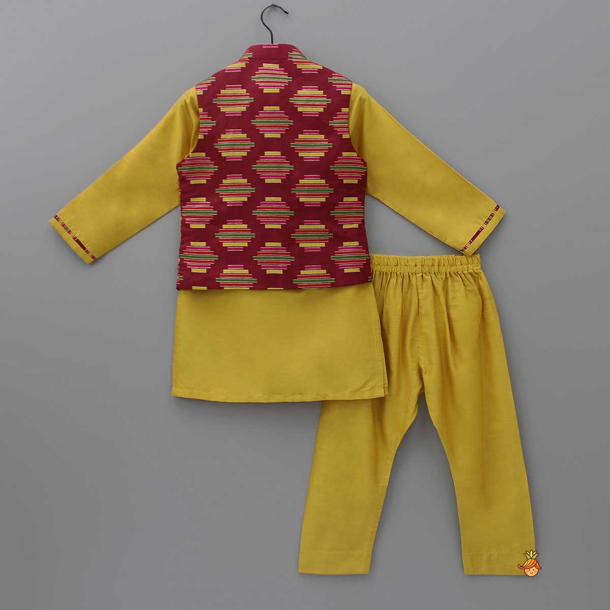 Yellow Kurta With Multicolour Printed Jacket And Pyjama