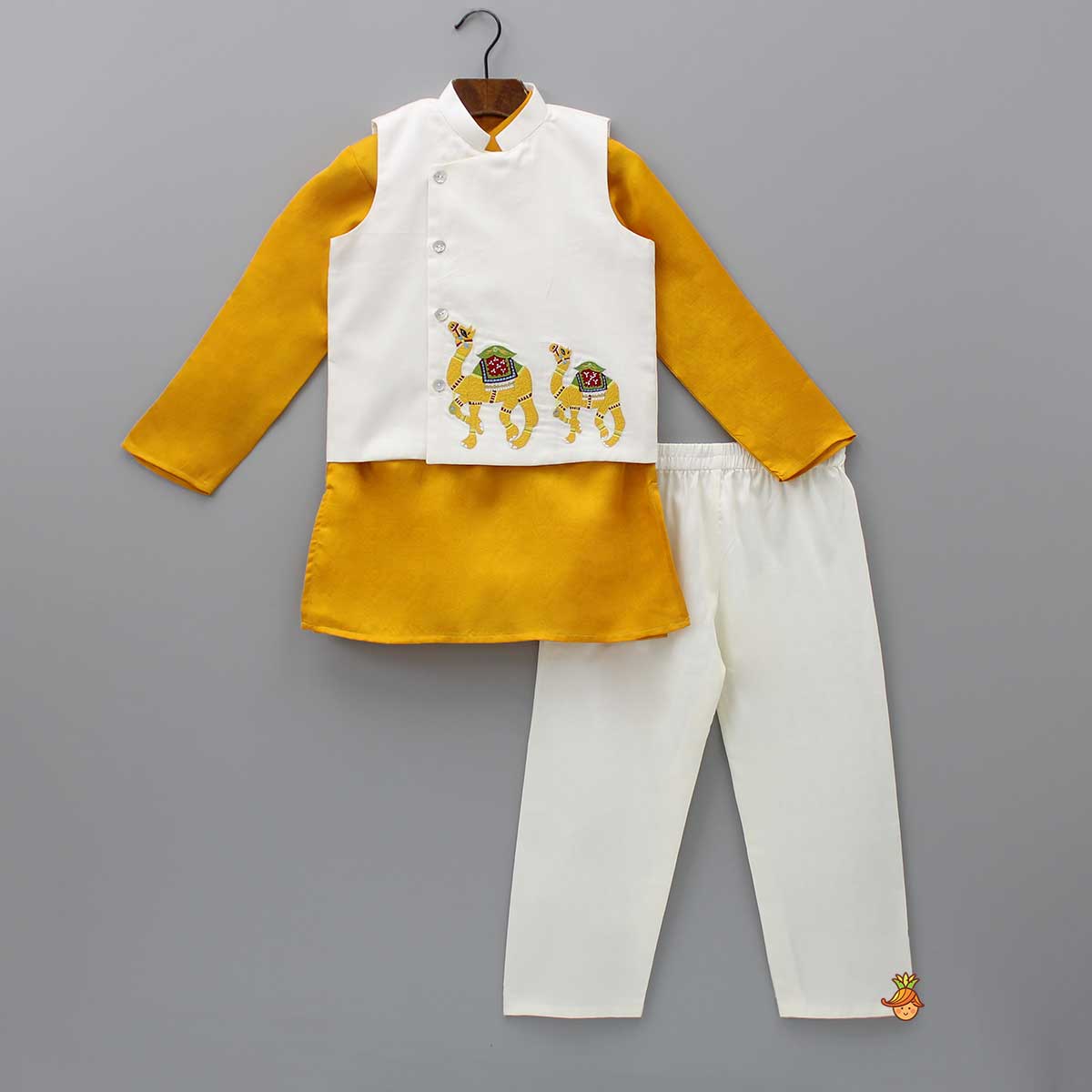 Mustard Kurta With Camel Embroidered Jacket And Pyjama