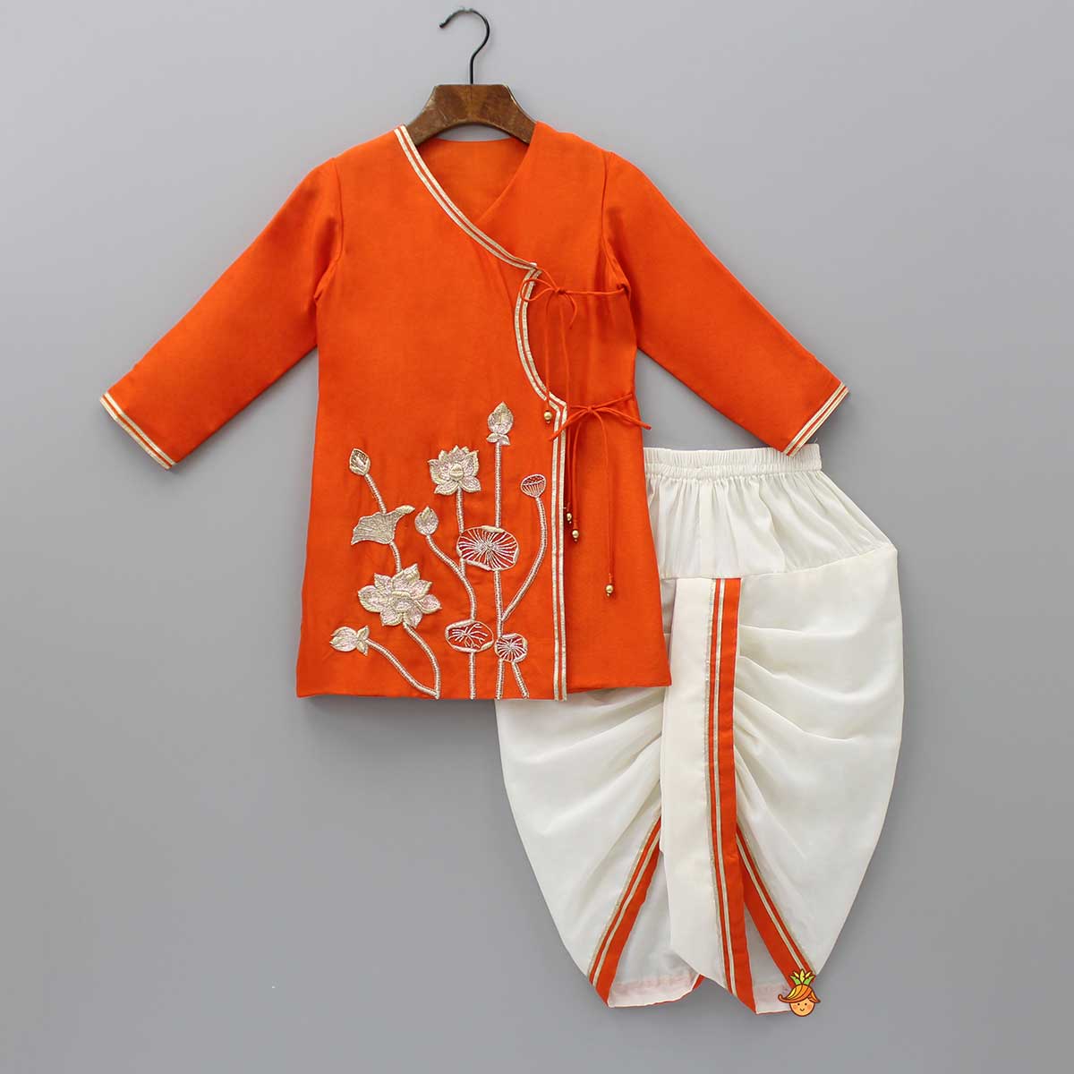 Embroidered Angarkha Style Orange Kurta With Lace Work Dhoti