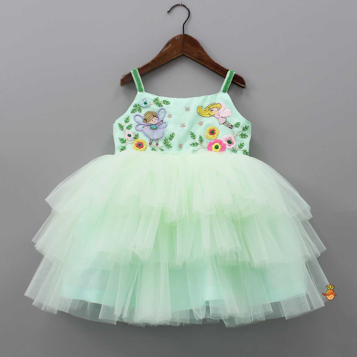 Sequins Fairies Embroidered Green Ruffled Dress