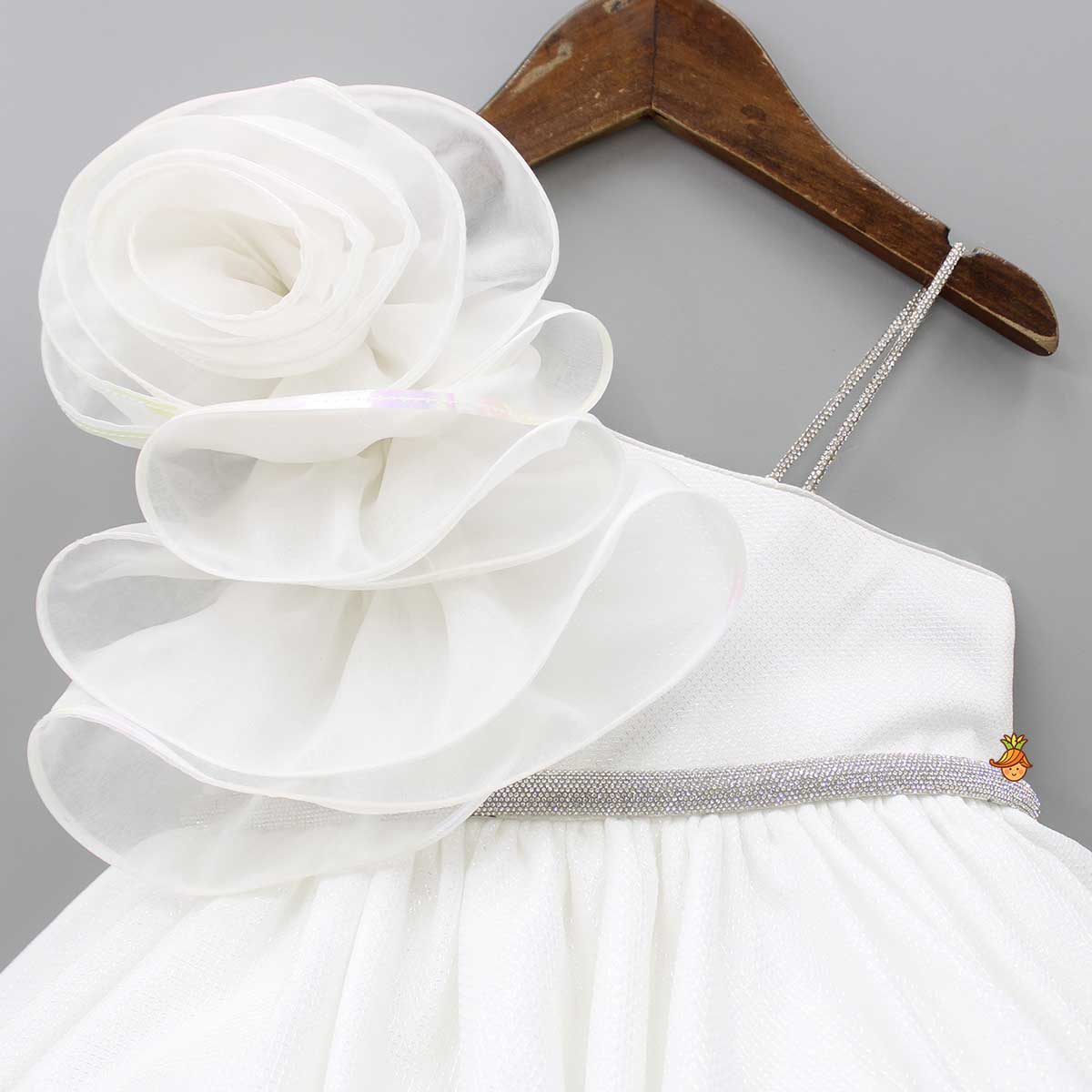 Flower Adorned One Shoulder White Dress With Matching Hairband