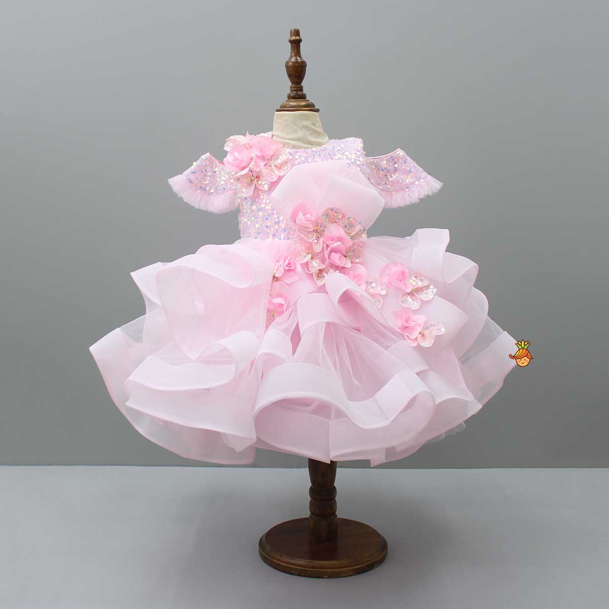 Sequin Detail Yoke Layered Ruffle Net Pink Dress