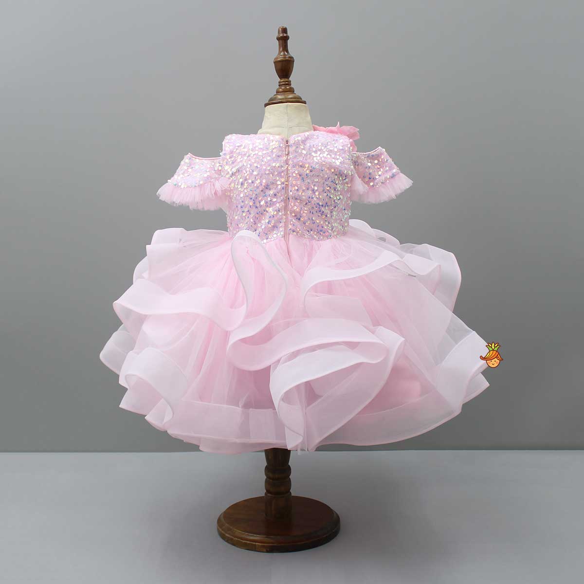 Sequin Detail Yoke Layered Ruffle Net Pink Dress