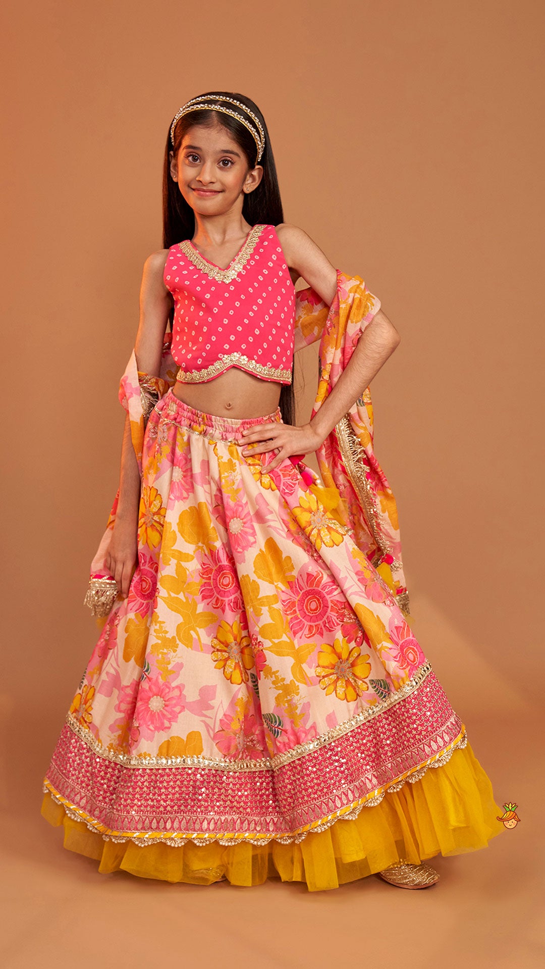 Bandhani Printed Top And Floral Printed Layered Lehenga With Matching Dupatta