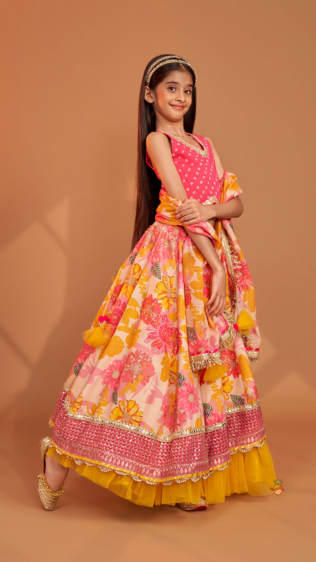 Bandhani Printed Top And Floral Printed Layered Lehenga With Matching Dupatta
