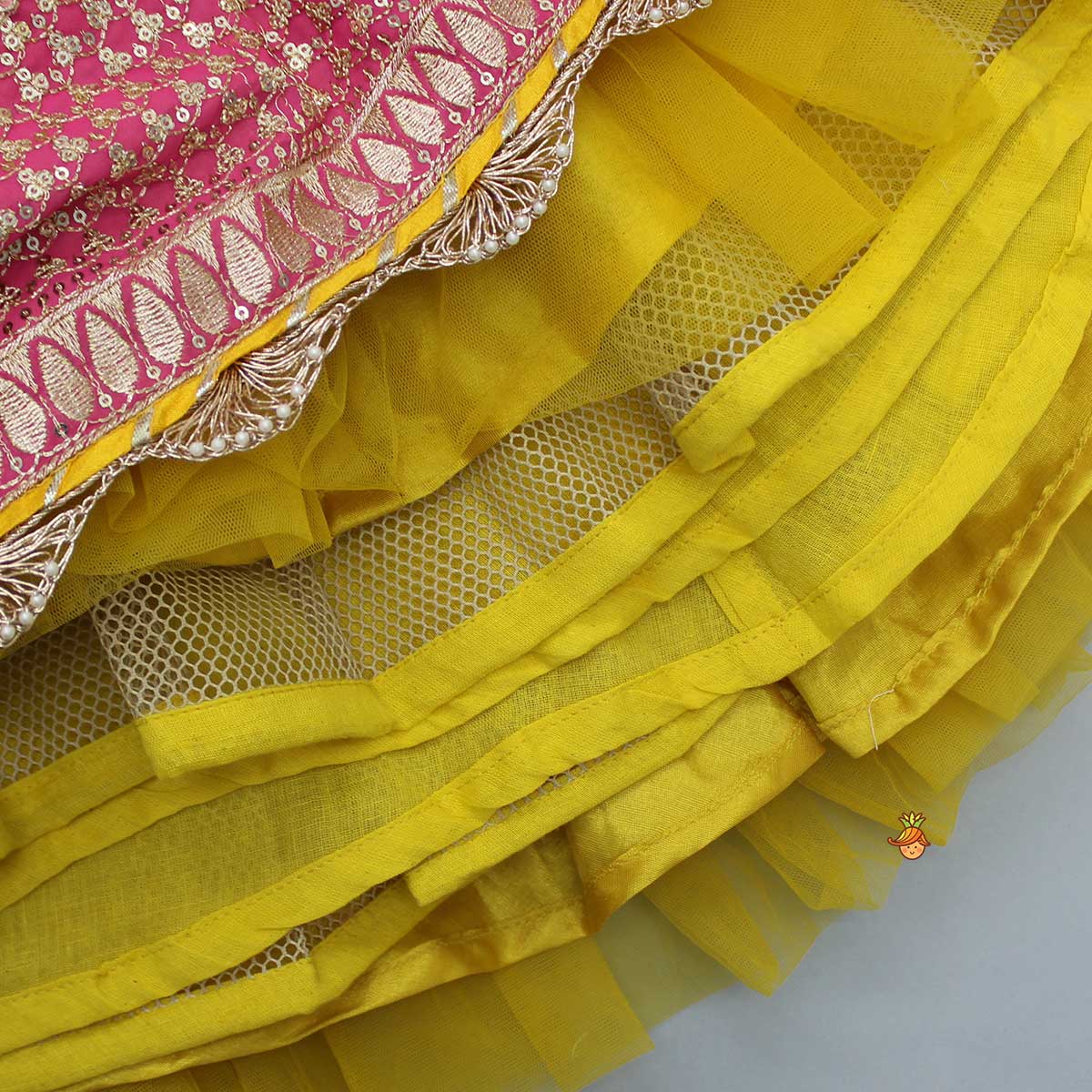 Bandhani Printed Top And Floral Printed Layered Lehenga With Matching Dupatta