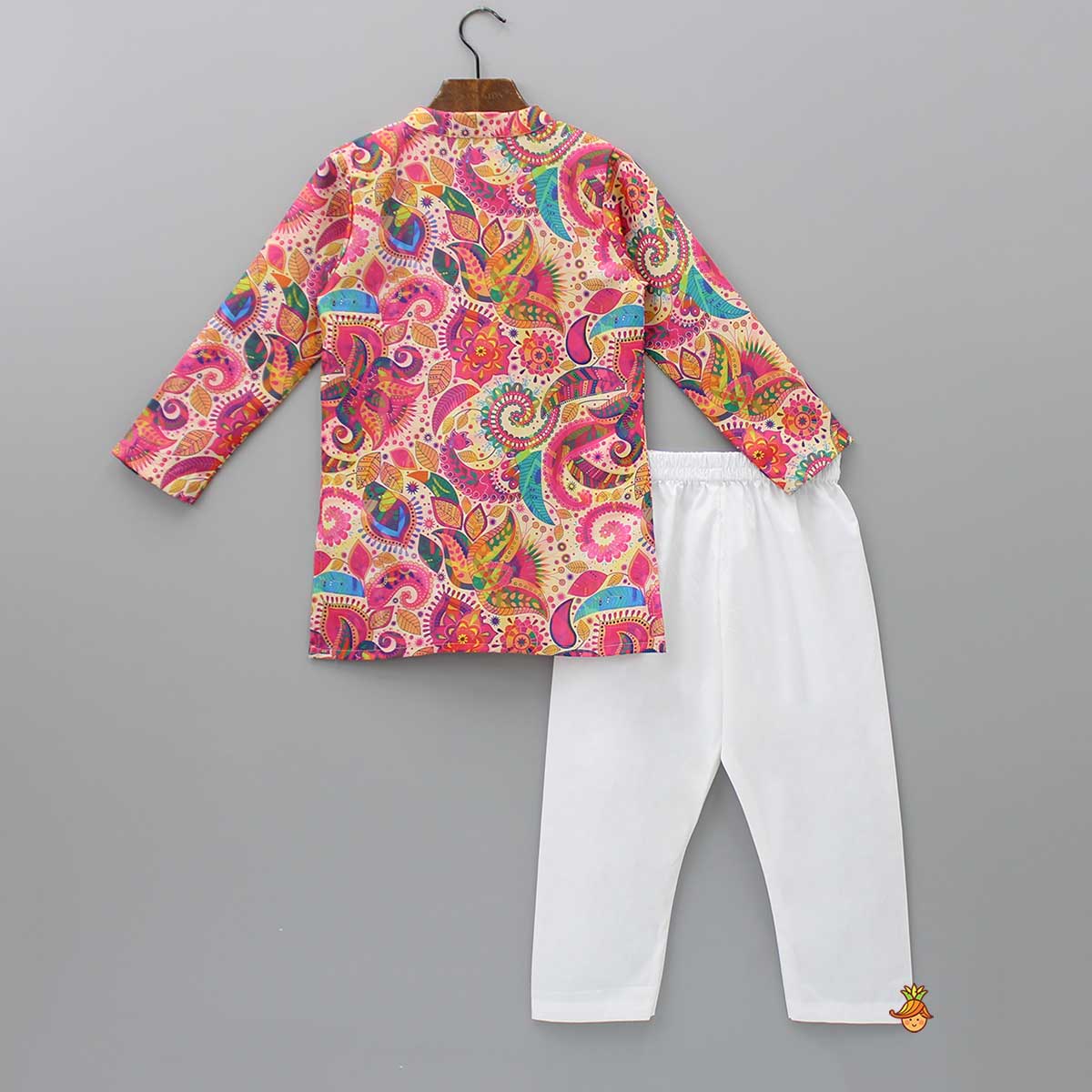 Ethnic Multicolour Printed Kurta And White Pyjama