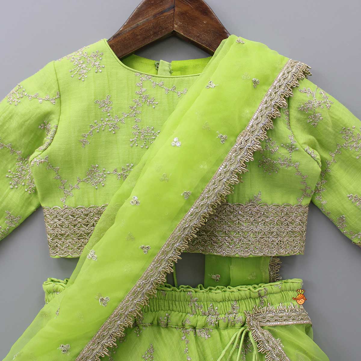 Green Embroidered Lacework Top With Lehenga And Attached Dupatta