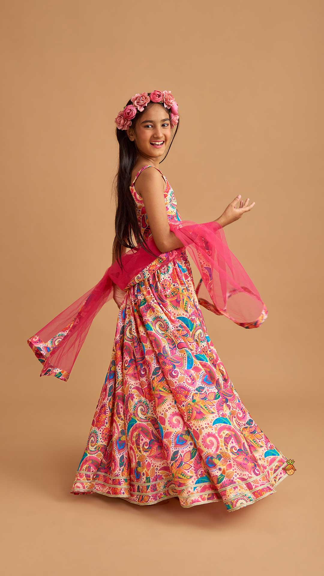Printed Multicolour Strappy Top And Lehenga With Net Pink Dupatta