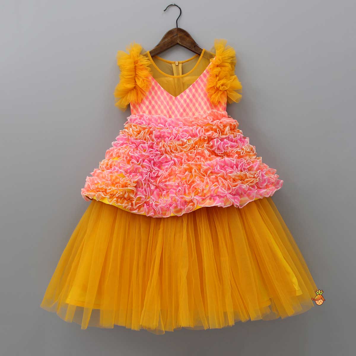 Multicolored Ruffle Net Dress With Matching Bow Clip