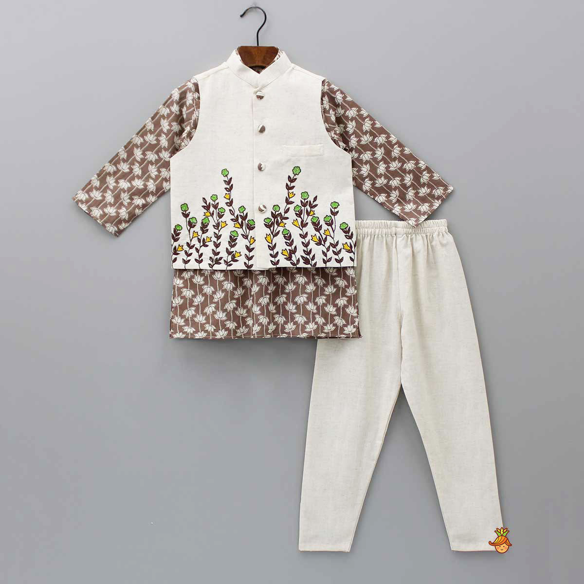 Printed Kurta With Embroidered Jacket And Churidar