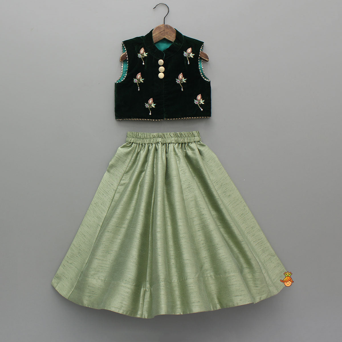 Embroidered Velvet Green Top And Lehenga