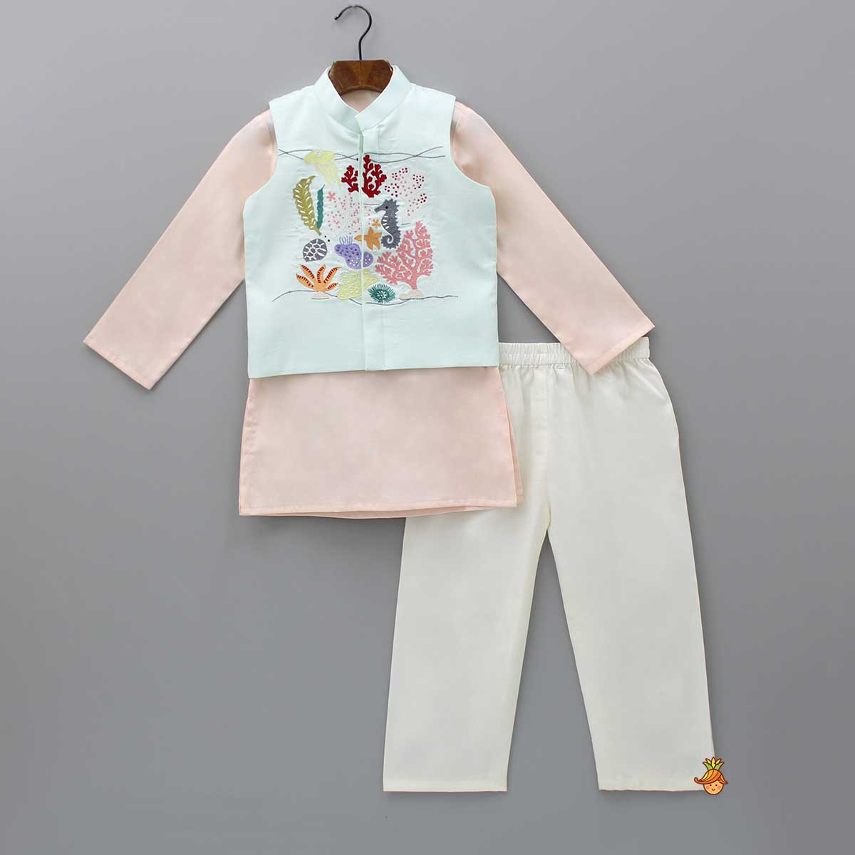 Peach Kurta With Sea Life Embroidered Jacket And Pyjama