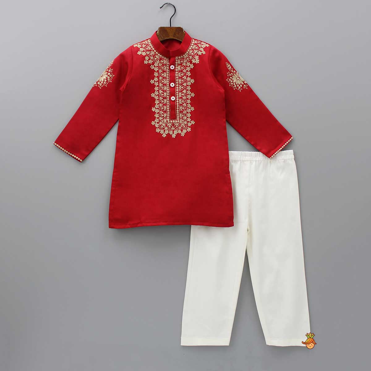 Embroidered Yoke Red Ethnic Kurta And Pyjama