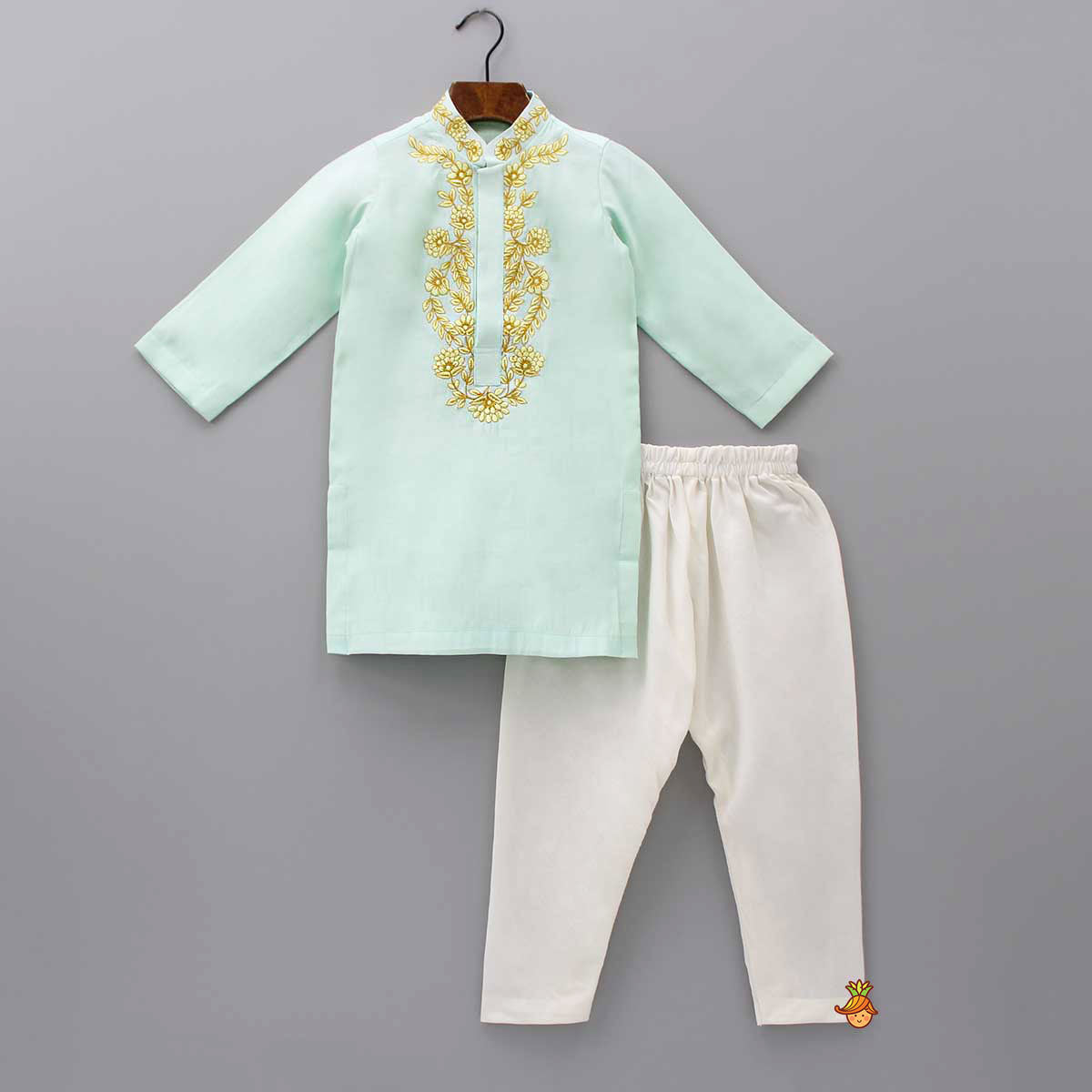 Embroidered Collar And Placket Green Kurta With Churidar