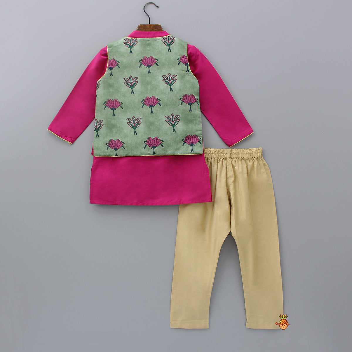 Pink Kurta With Floral Printed Chanderi Jacket And Pyjama