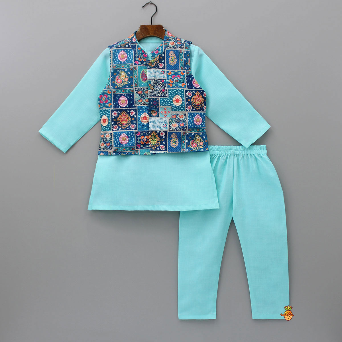 Blue Kurta With Multicolour Jacket And Pyjama