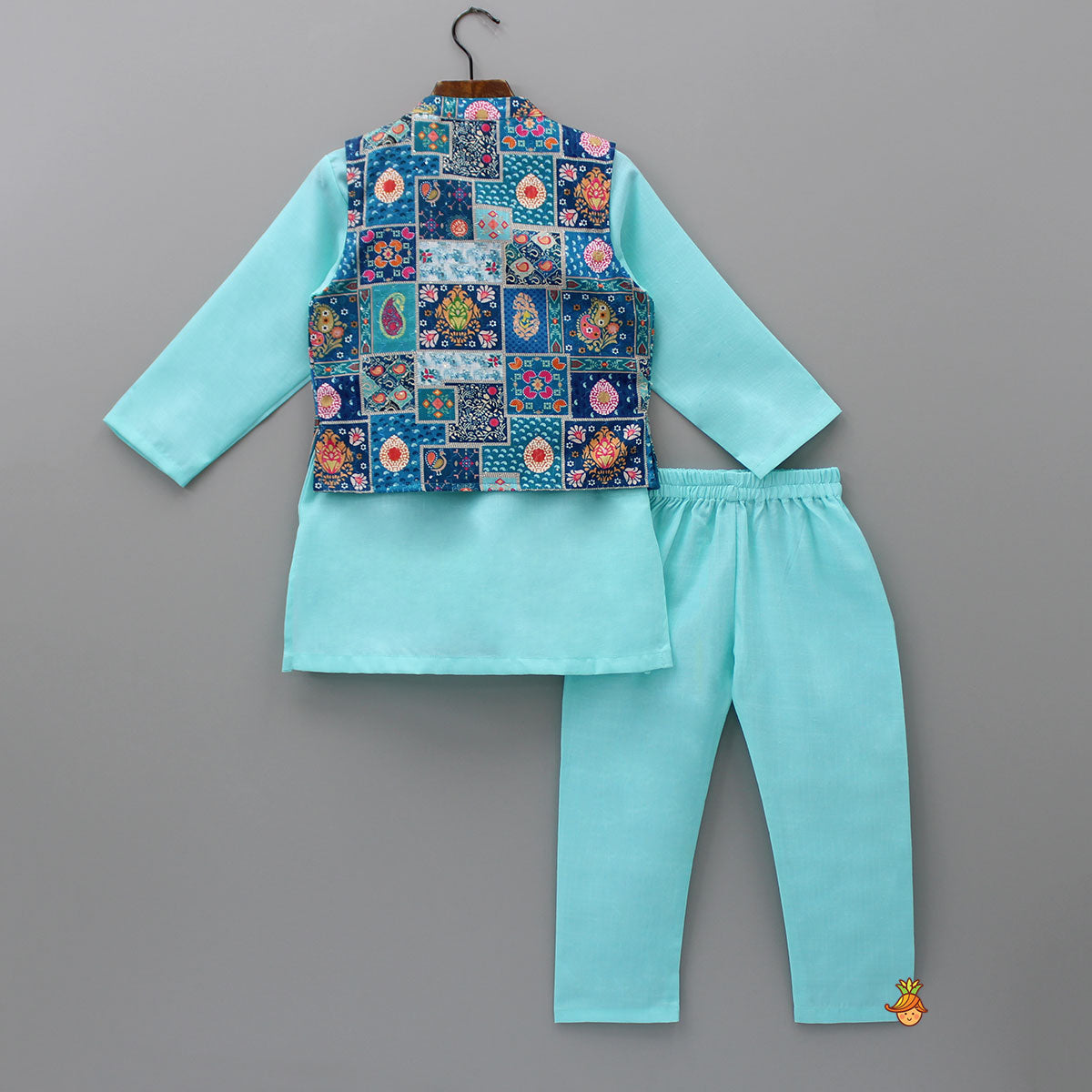 Blue Kurta With Multicolour Jacket And Pyjama
