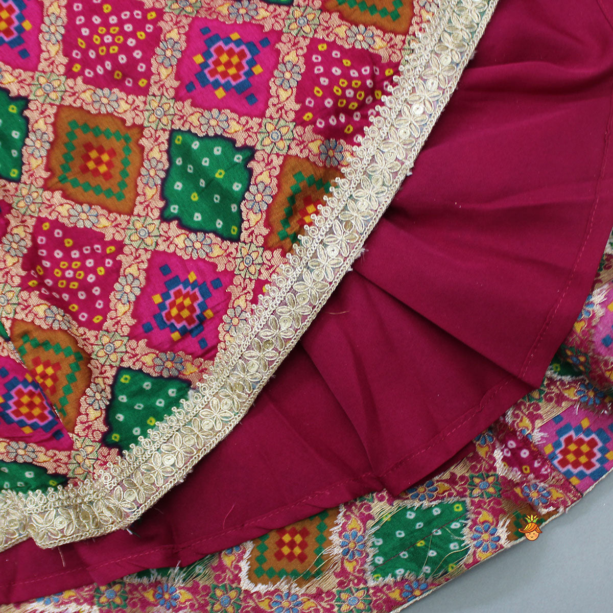 Round Neck Embroidered Pink Top And Bandhani Printed Multicolour Lehenga With Matching Dupatta
