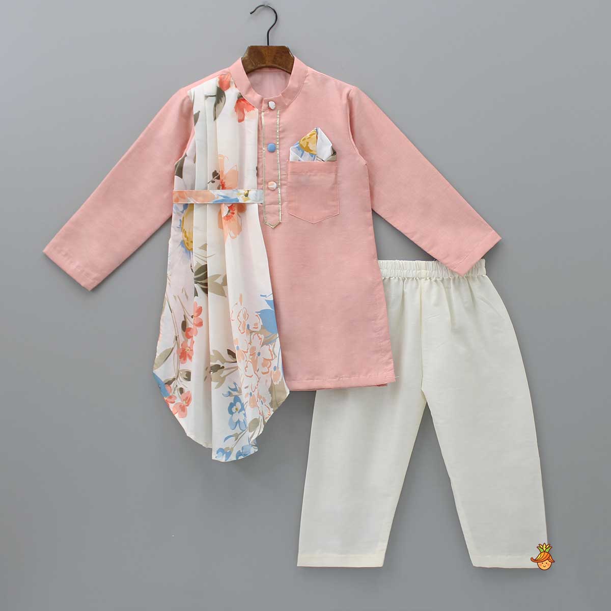 Peach Kurta With One Side Printed Panel And Pyjama