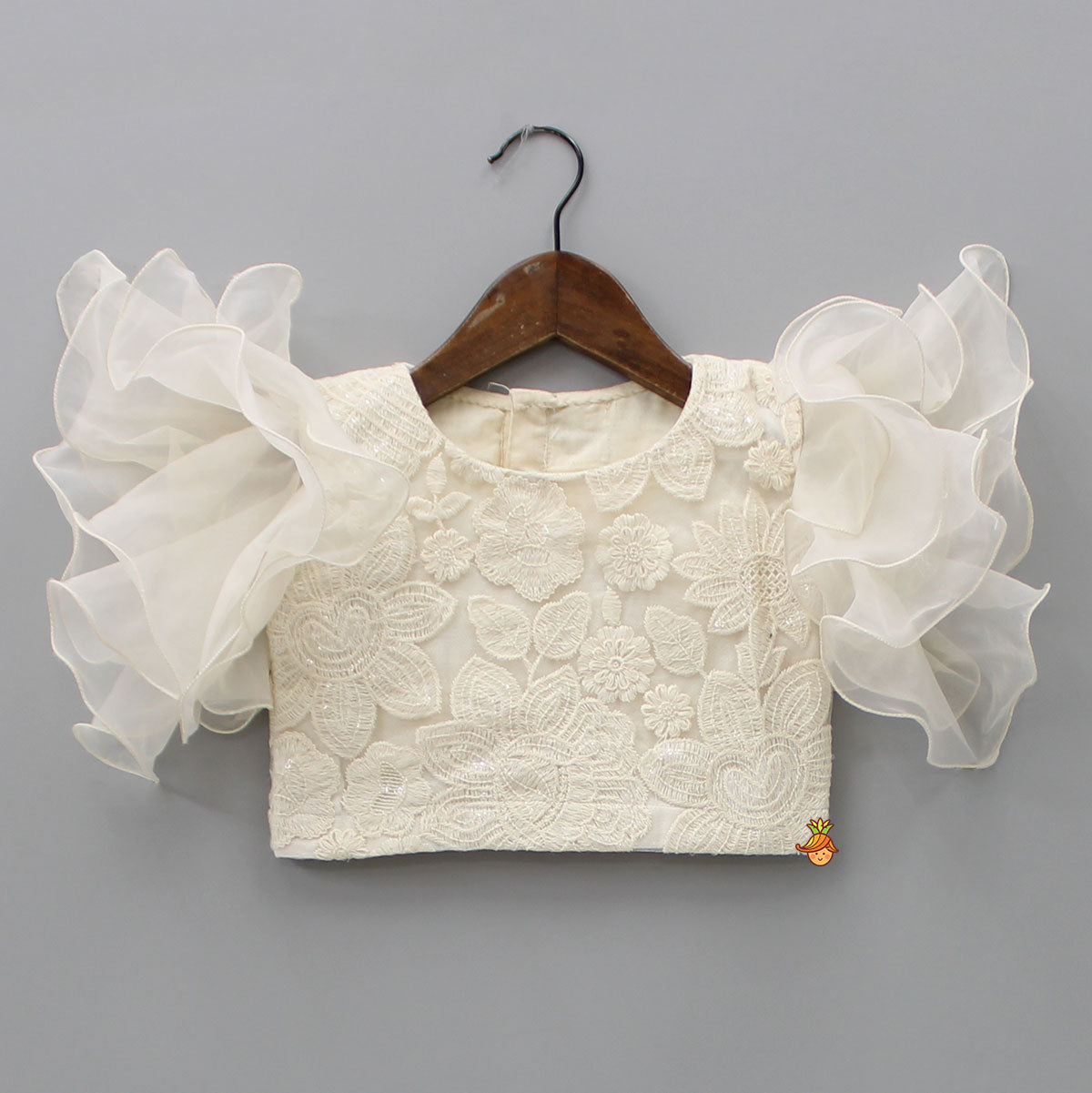 Ruffle Sleeves Off White Embroidered Top And Layered Lehenga