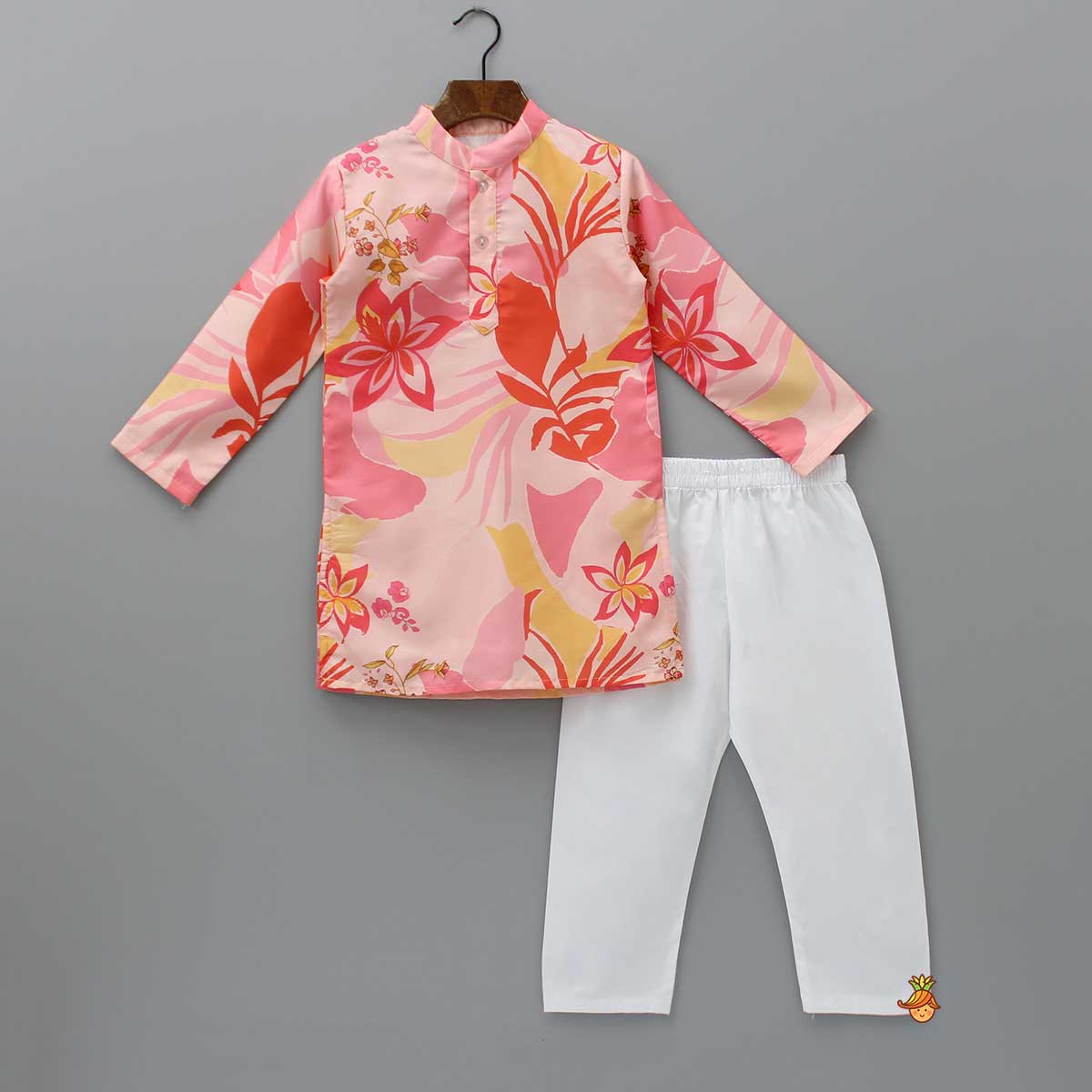 Floral Printed Multicoloured Kurta With White Pyjama
