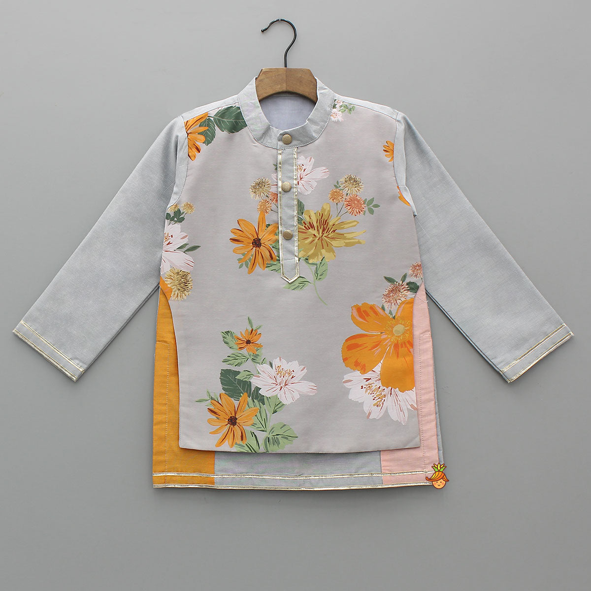 Foral Printed Attached Flap Colour Block Kurta With Pyjama