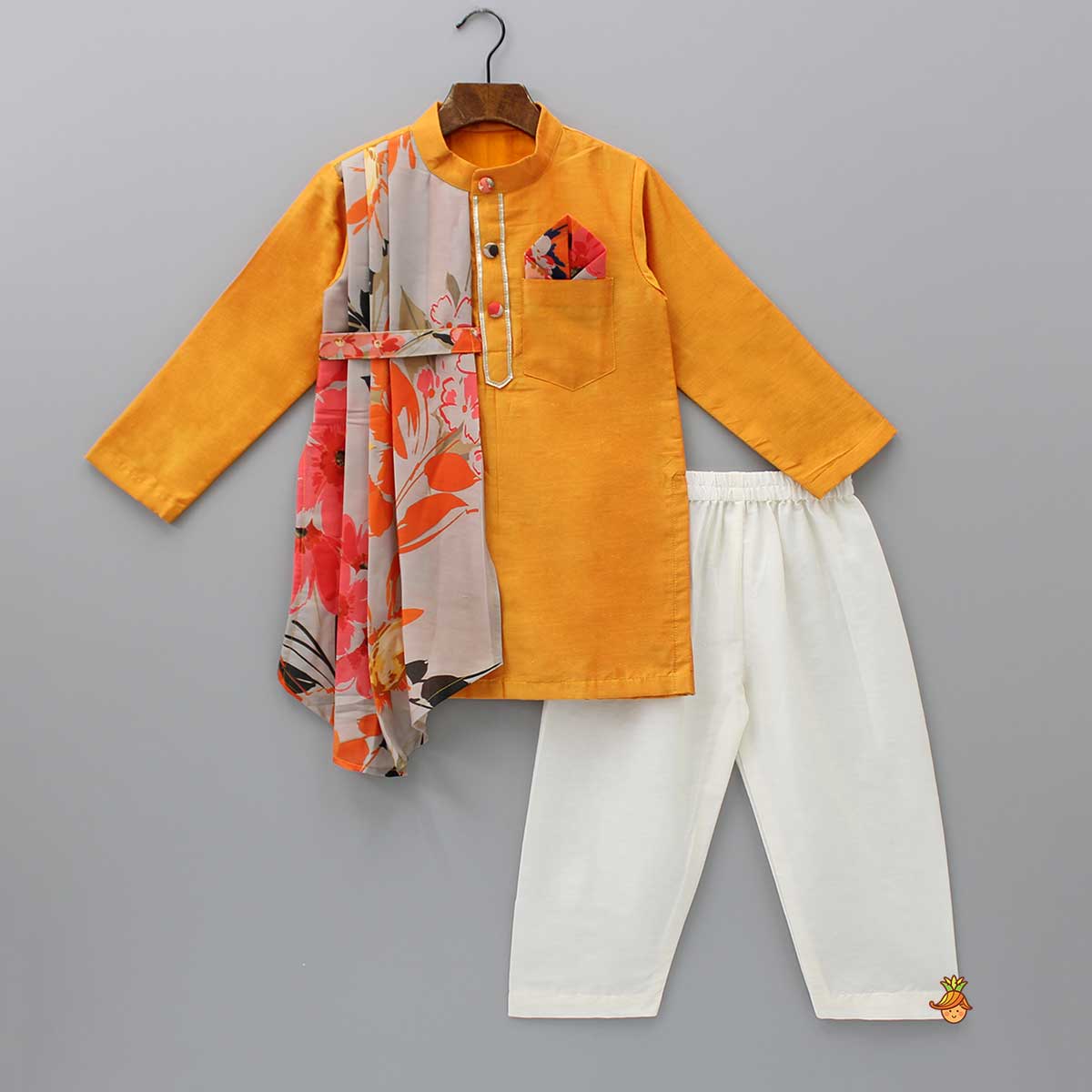 Orange Plain Kurta With One Side Printed Panel And Pyjama