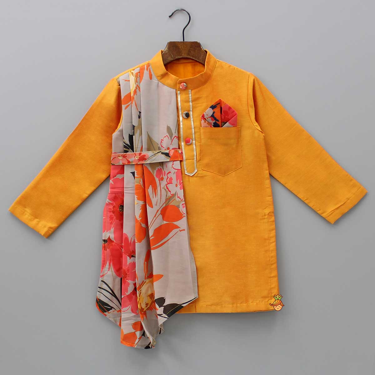 Orange Plain Kurta With One Side Printed Panel And Pyjama