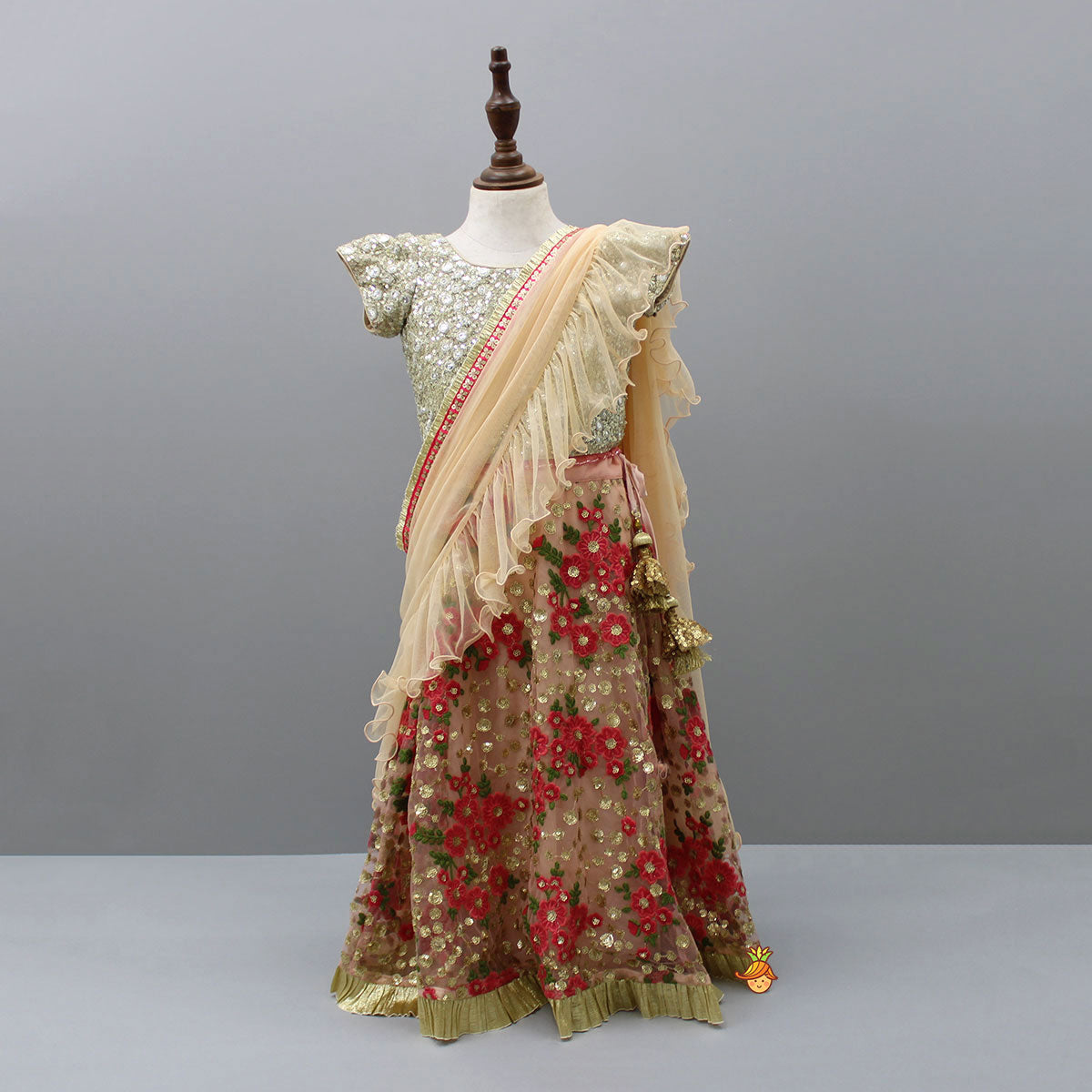 Stylish Sequin Top And Embroidered Lehenga With Attached Dupatta