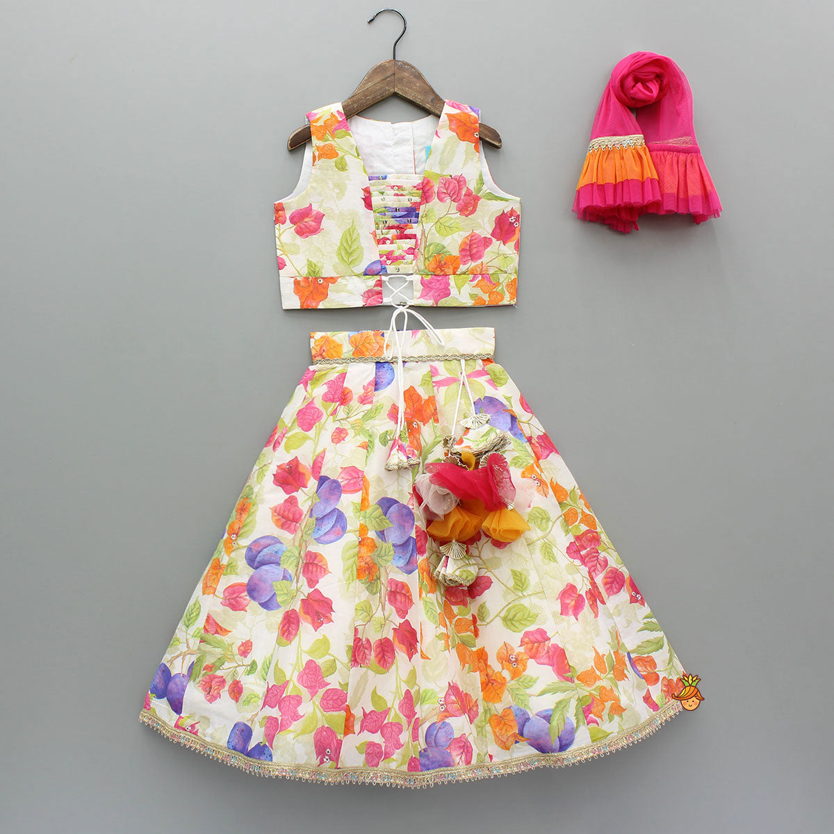 Multicolour Floral Printed Top And Lehenga With Net Dupatta