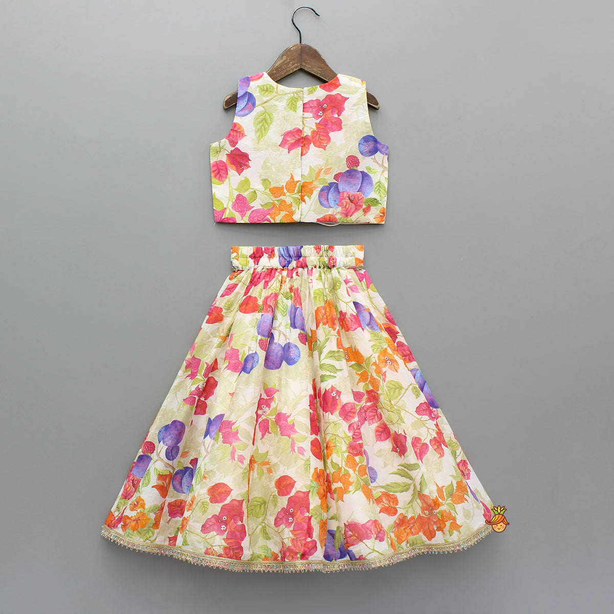 Multicolour Floral Printed Top And Lehenga With Net Dupatta