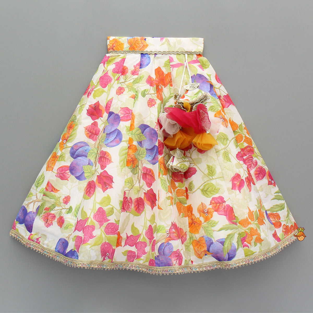 Multicolour Floral Printed Top And Lehenga With Net Dupatta