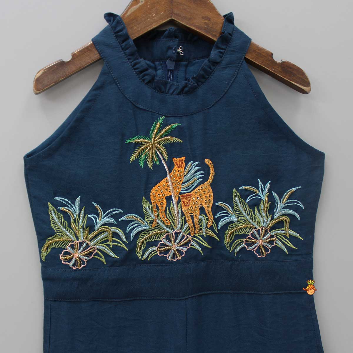 Blue Embroidered Yoke Jumpsuit