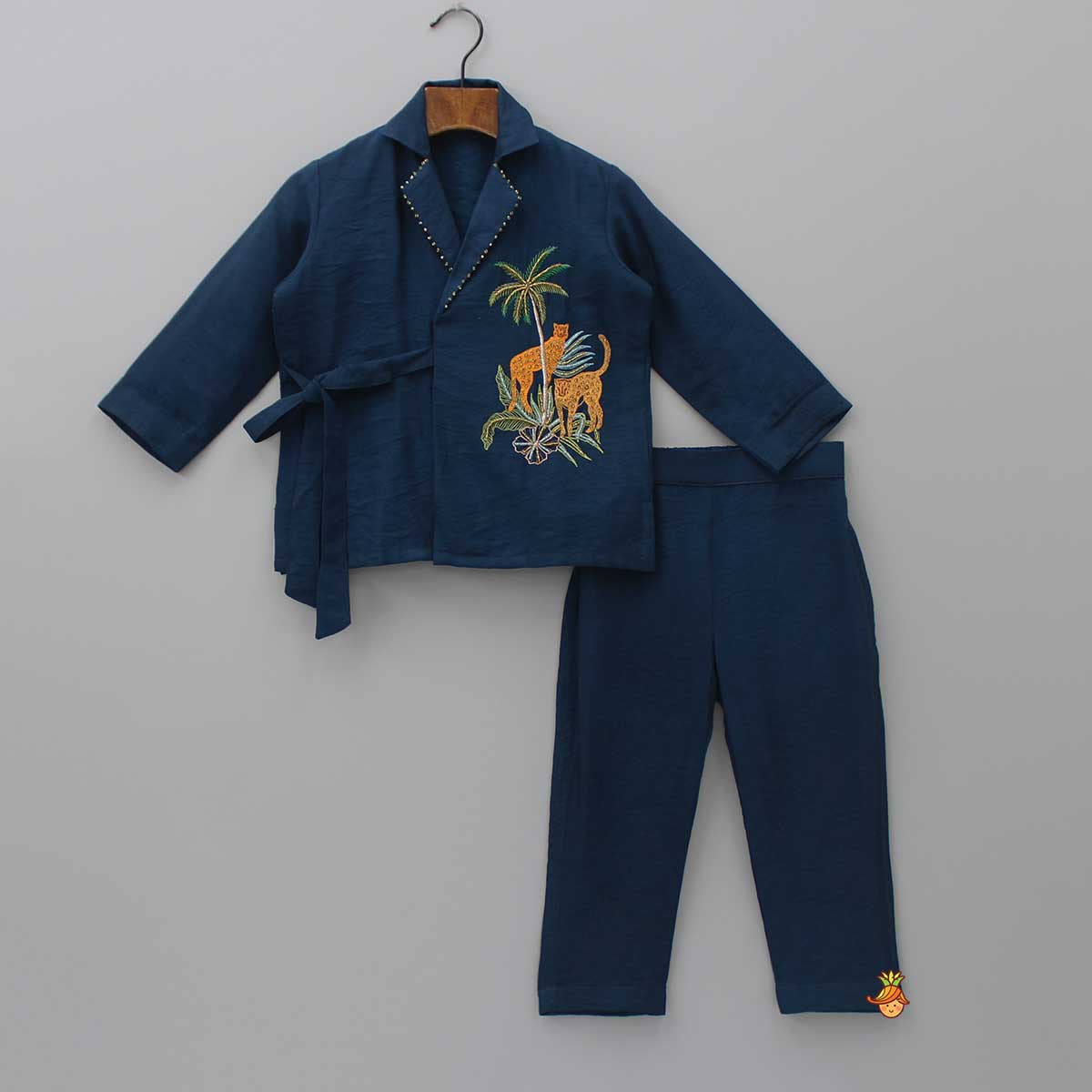 Animal Embroidered Front Overlap Shirt With Tie-Ups And Pant