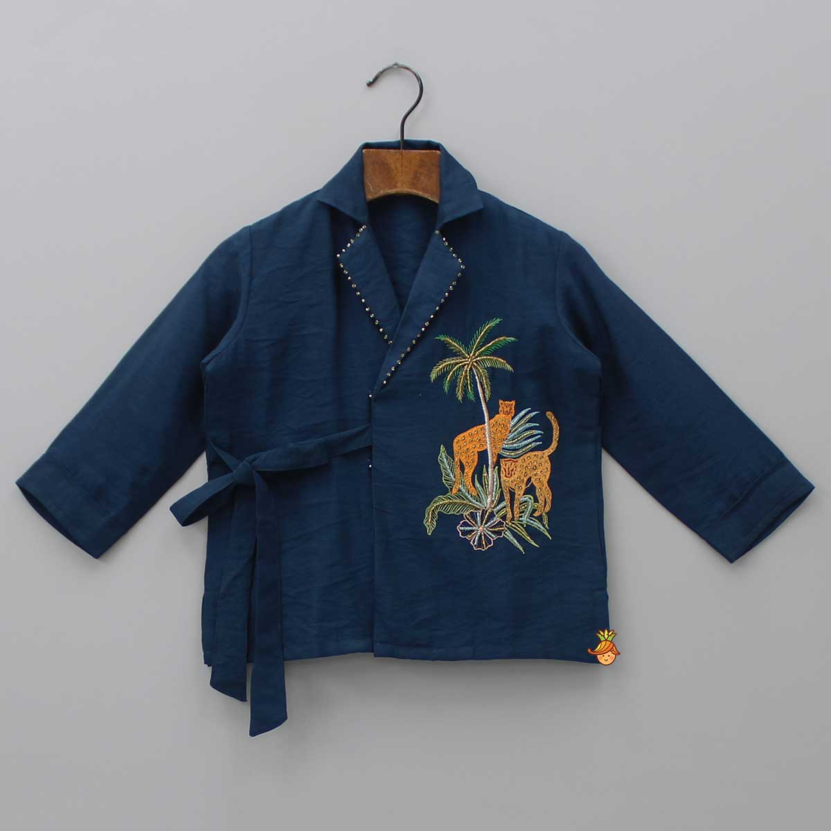 Animal Embroidered Front Overlap Shirt With Tie-Ups And Pant